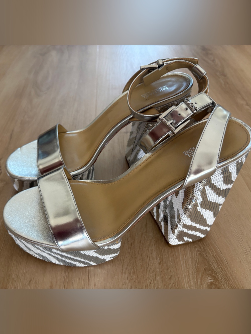 Michael Kors sequin disco Metallic Silver Platform Sandals with Patterned Wedge